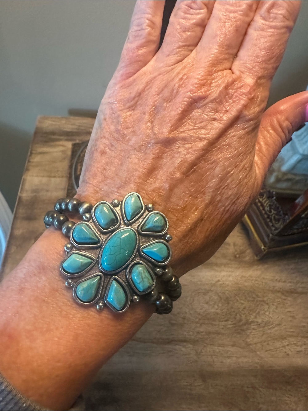 Turquoise Flower Statement Bracelet - Blue Stone Stretch Cuff